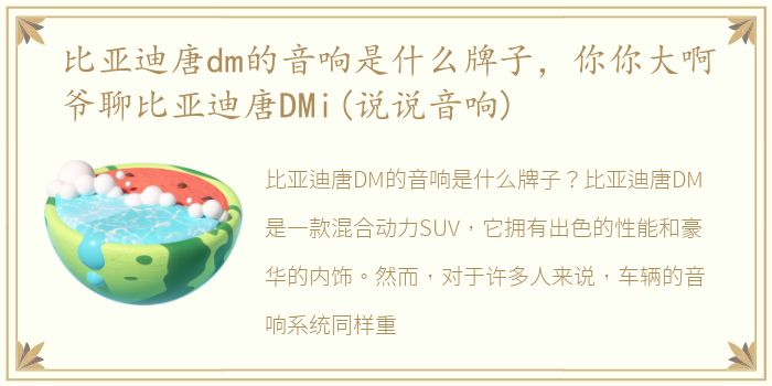 比亚迪唐dm的音响是什么牌子，你你大啊爷聊比亚迪唐DMi(说说音响)