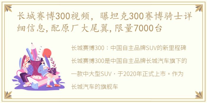 长城赛博300视频，曝坦克300赛博骑士详细信息,配原厂大尾翼,限量7000台