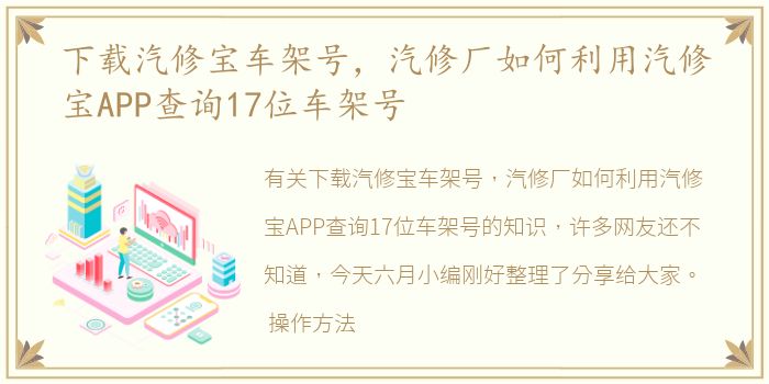 下载汽修宝车架号，汽修厂如何利用汽修宝APP查询17位车架号