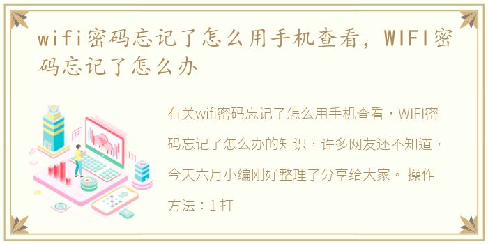 wifi密码忘记了怎么用手机查看，WIFI密码忘记了怎么办