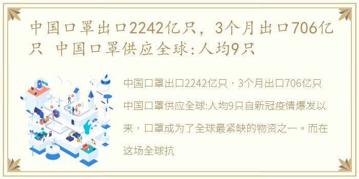 中国口罩出口2242亿只，3个月出口706亿只 中国口罩供应全球:人均9只