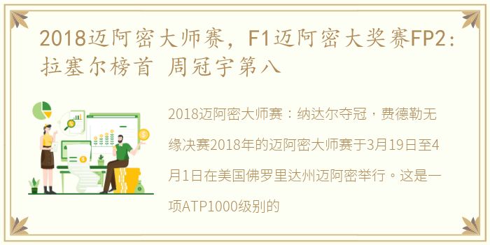 2018迈阿密大师赛，F1迈阿密大奖赛FP2:拉塞尔榜首 周冠宇第八