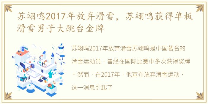 苏翊鸣2017年放弃滑雪，苏翊鸣获得单板滑雪男子大跳台金牌