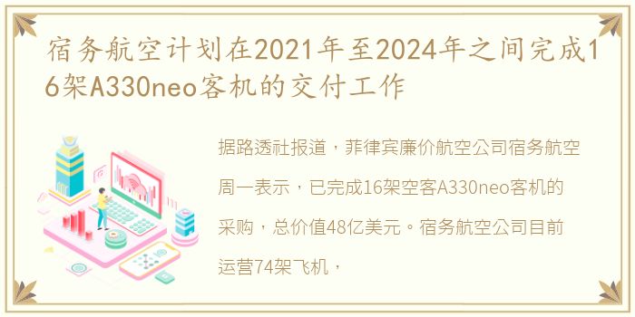 宿务航空计划在2021年至2024年之间完成16架A330neo客机的交付工作